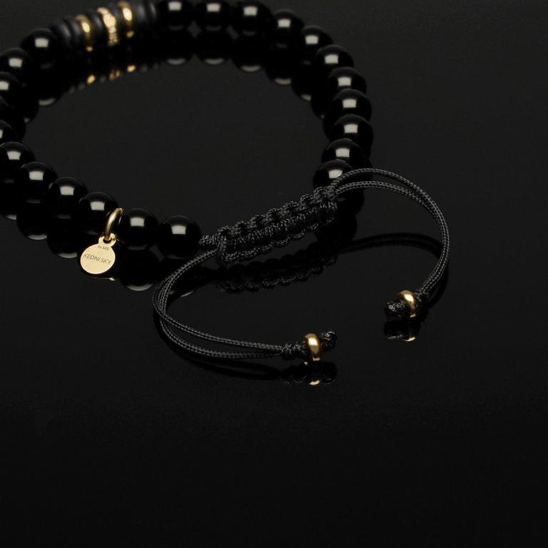 Edelstein Makramee-Armband mit weißen Diamanten, 585 Gelbgold & Onyx in 6mm