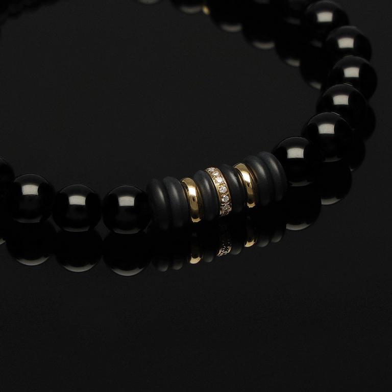 Edelstein Makramee-Armband mit weißen Diamanten, 585 Gelbgold & Onyx in 6mm