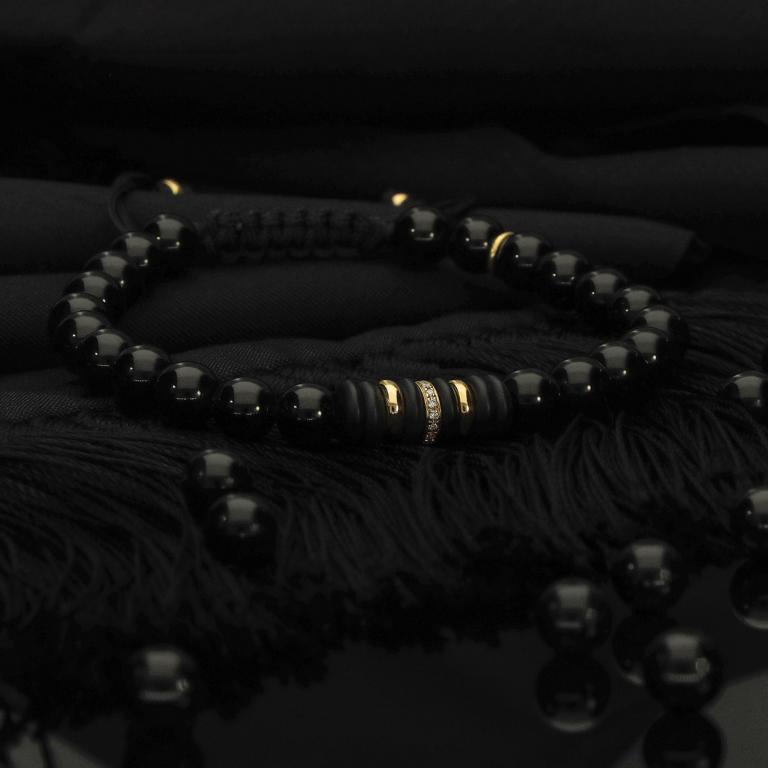 Edelstein Makramee-Armband mit 16 weißen Diamanten, 585 Gelbgold &amp; Onyx in 6mm