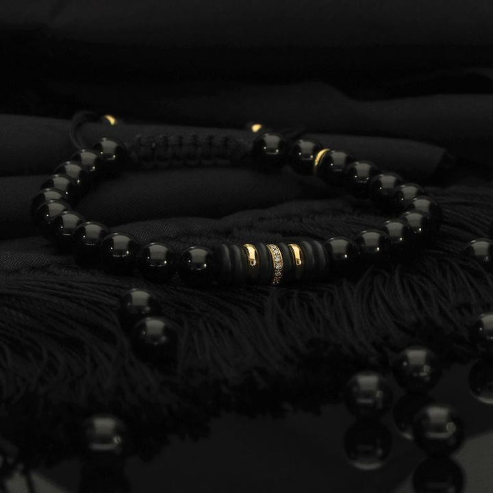 Edelstein Makramee-Armband mit 16 weißen Diamanten, 585 Gelbgold &amp; Onyx in 6mm