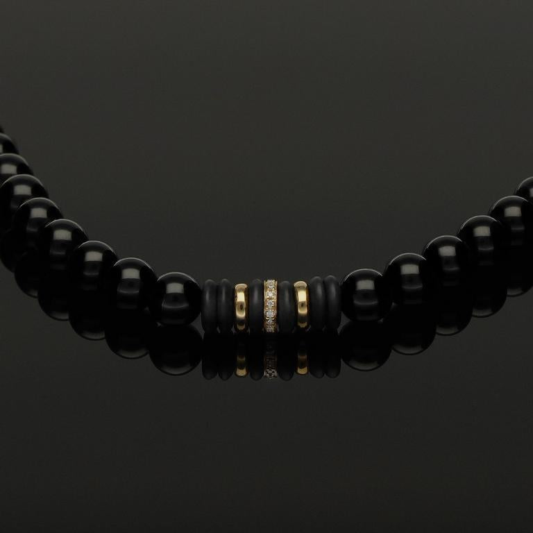 Edelstein Makramee-Halskette mit 16 weißen Diamanten, 585 Gelbgold &amp; Onyx in 6mm