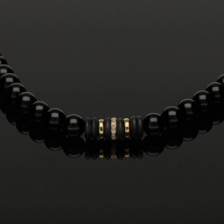 Edelstein Makramee-Halskette mit 16 weißen Diamanten, 585 Gelbgold &amp; Onyx in 6mm