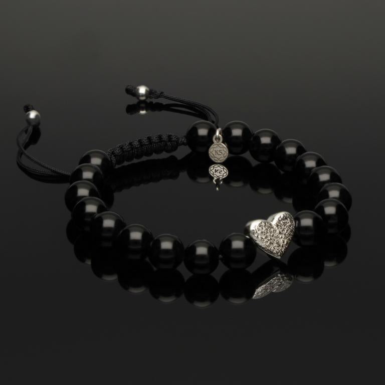 Makramee Armband mit Onyx &amp; gehämmertem Herz aus 925 Silber