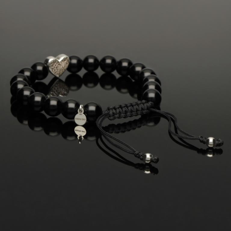 Makramee Armband mit Onyx &amp; gehämmertem Herz aus 925 Silber