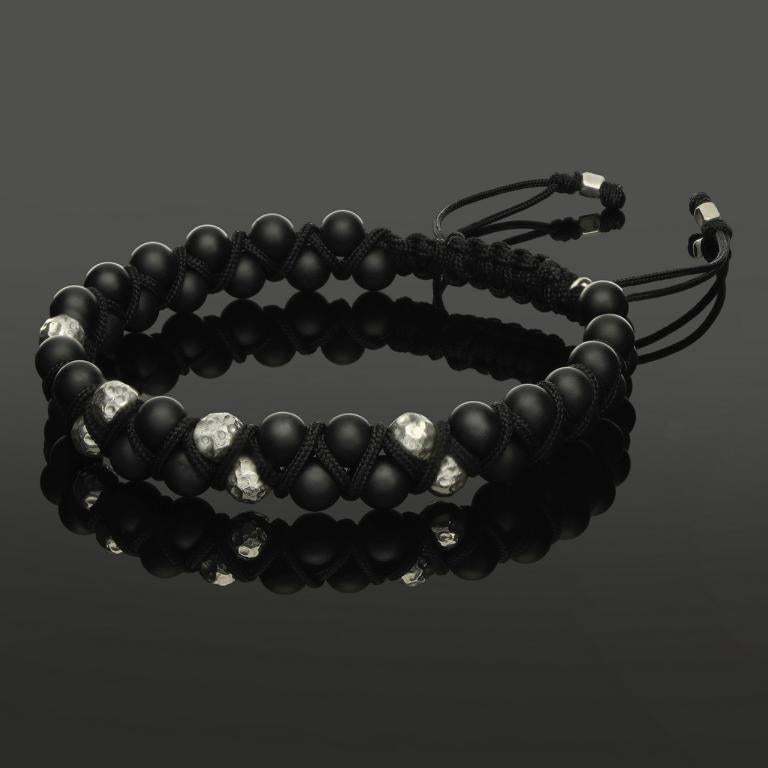 Makramee Armband mit gehämmertem 925 Silber &amp; Onyx in 6mm