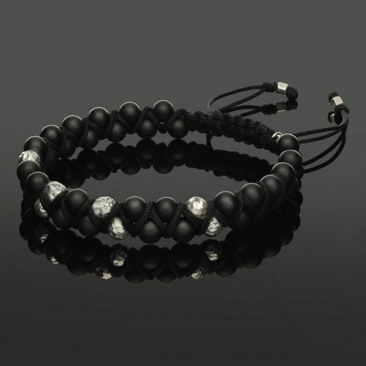 Makramee Armband mit gehämmertem 925 Silber &amp; Onyx in 6mm
