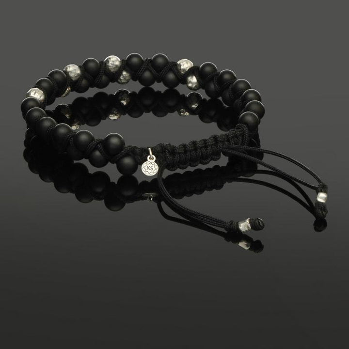 Makramee Armband mit gehämmertem 925 Silber &amp; Onyx in 6mm
