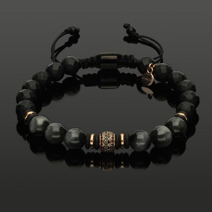 Edelstein Makramee-Armband mit 76 schwarzen Diamanten in 585 Roségold, Falkenauge &amp; Onyx in 8mm