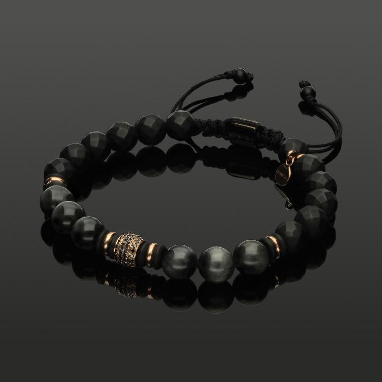 Edelstein Makramee-Armband mit 76 schwarzen Diamanten in 585 Roségold, Falkenauge &amp; Onyx in 8mm