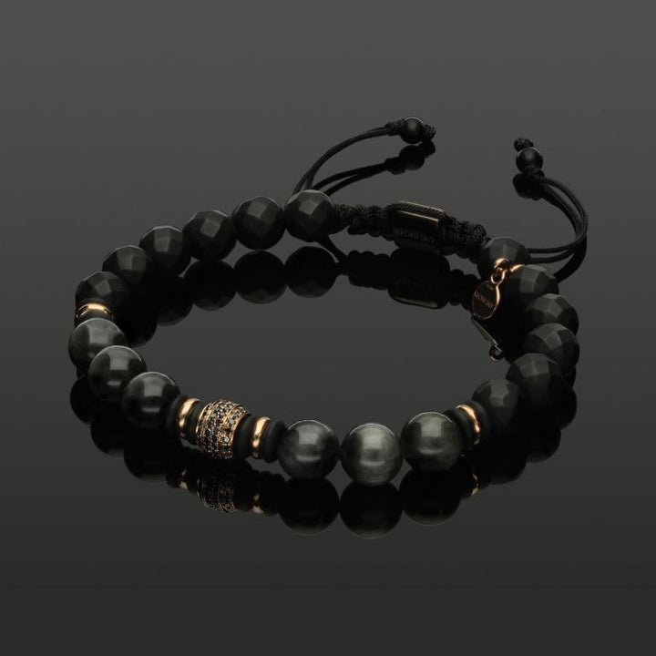 Edelstein Makramee-Armband mit 76 schwarzen Diamanten in 585 Roségold, Falkenauge &amp; Onyx in 8mm