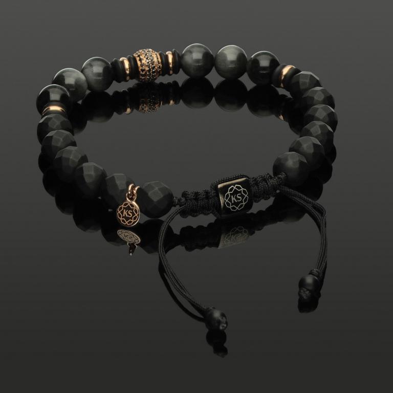 Edelstein Makramee-Armband mit 76 schwarzen Diamanten in 585 Roségold, Falkenauge &amp; Onyx in 8mm