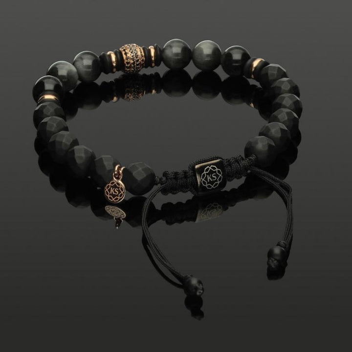 Edelstein Makramee-Armband mit 76 schwarzen Diamanten in 585 Roségold, Falkenauge &amp; Onyx in 8mm