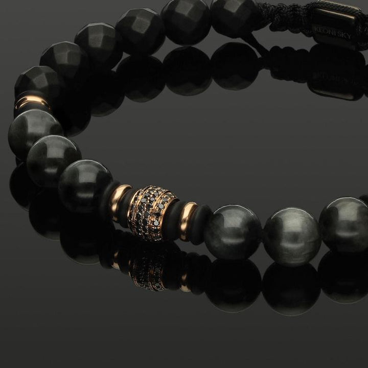 Edelstein Makramee-Armband mit 76 schwarzen Diamanten in 585 Roségold, Falkenauge &amp; Onyx in 8mm