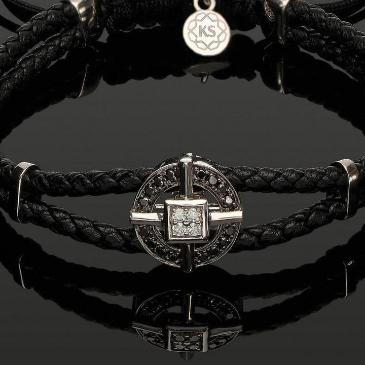 Edelstein Makramee-Armband mit 20 weißen &amp; schwarzen Diamanten in 585 Weißgold mit geflochtenem Leder