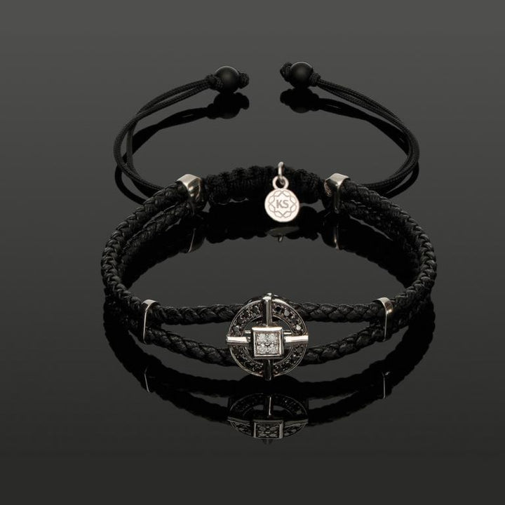 Edelstein Makramee-Armband mit 20 weißen &amp; schwarzen Diamanten in 585 Weißgold mit geflochtenem Leder