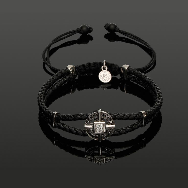 Edelstein Makramee-Armband mit weißen & schwarzen Diamanten in 585 Weißgold mit geflochtenem Leder