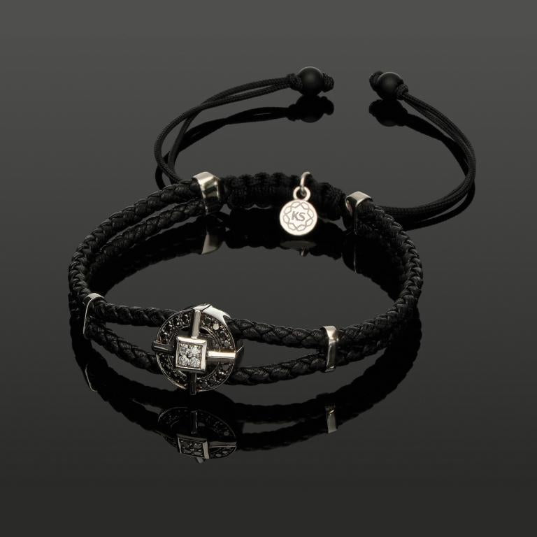 Edelstein Makramee-Armband mit 20 weißen &amp; schwarzen Diamanten in 585 Weißgold mit geflochtenem Leder