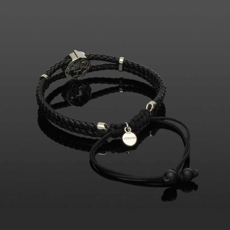 Edelstein Makramee-Armband mit 20 weißen &amp; schwarzen Diamanten in 585 Weißgold mit geflochtenem Leder