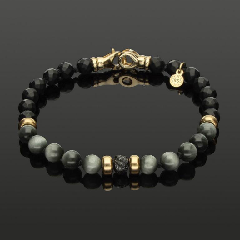 Armband mit schwarzem Rohdiamant, 585 Gold, Falkenauge & Onyx in 6mm