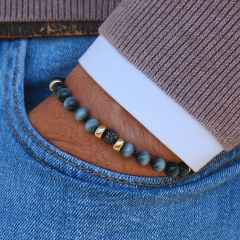 Armband mit schwarzem Rohdiamant, 585 Gold, Falkenauge & Onyx in 6mm