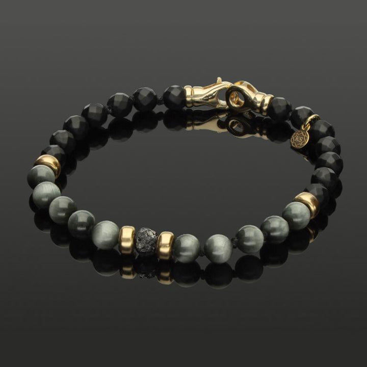 Armband mit schwarzem Rohdiamant, 585 Gold, Falkenauge &amp; Onyx in 6mm