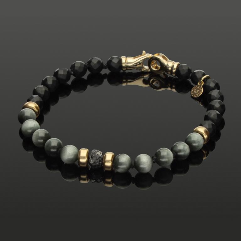 Armband mit schwarzem Rohdiamant, 585 Gold, Falkenauge & Onyx in 6mm