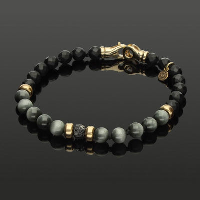 Armband mit schwarzem Rohdiamant, 585 Gold, Falkenauge & Onyx in 6mm