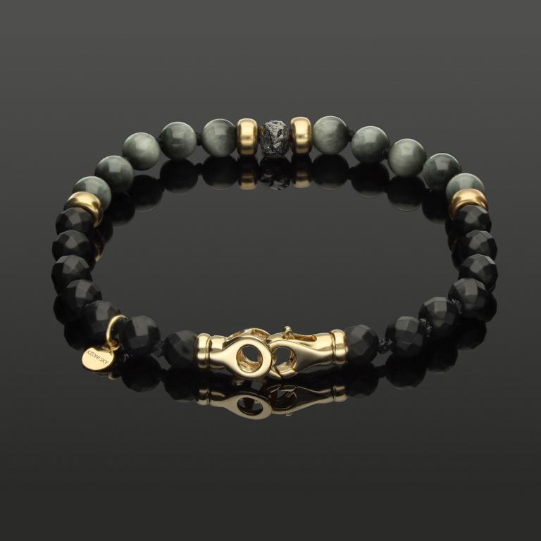 Armband mit schwarzem Rohdiamant, 585 Gold, Falkenauge & Onyx in 6mm