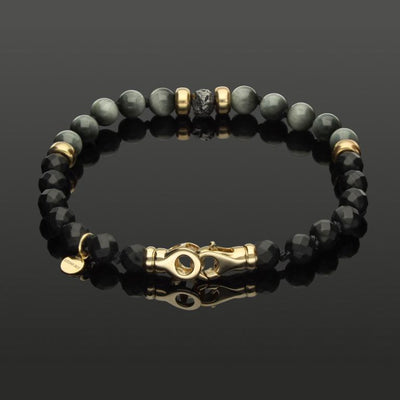 Armband mit schwarzem Rohdiamant, 585 Gold, Falkenauge & Onyx in 6mm