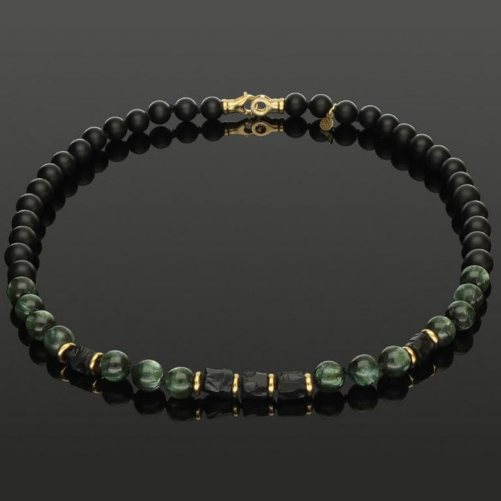 Halskette mit SkyRock aus Onyx, Serafinit &amp; 585 Gelbgold in 8mm