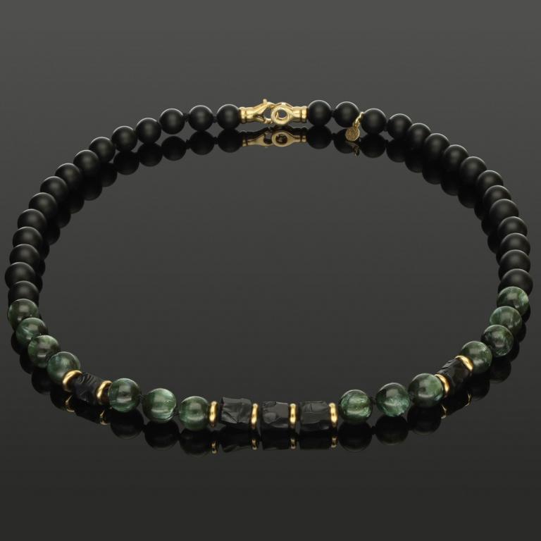 Halskette mit Onyx in Rough Cut, Serafinit und 585 Gelbgold in 8mm