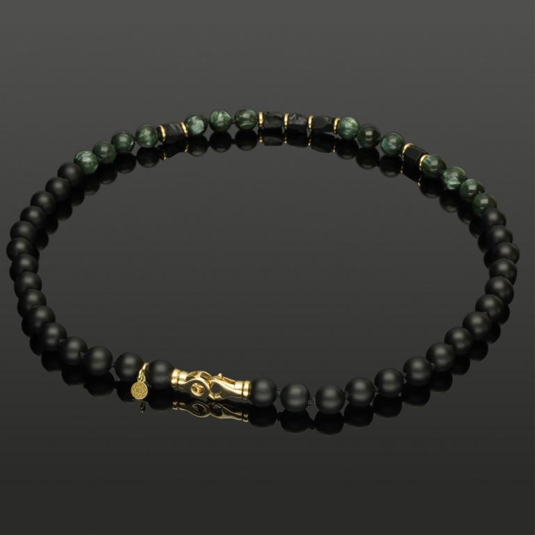 Halskette mit Onyx in Rough Cut, Serafinit und 585 Gelbgold in 8mm