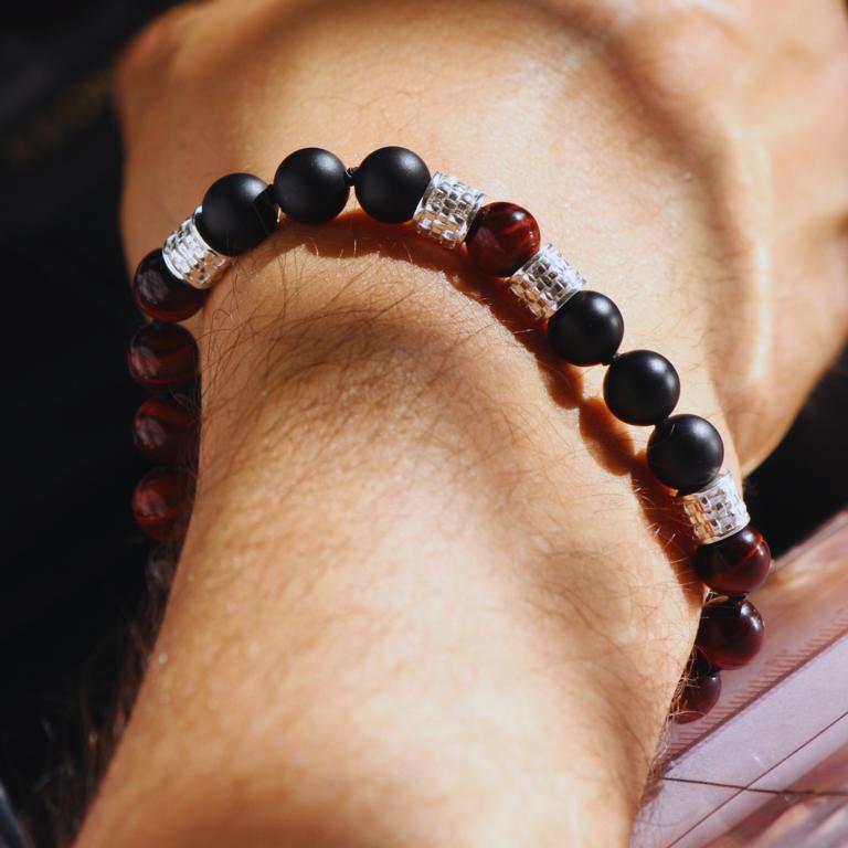 Herren Armband mit rotem Tigerauge, Onyx &amp; 925 Silber in 8 mm