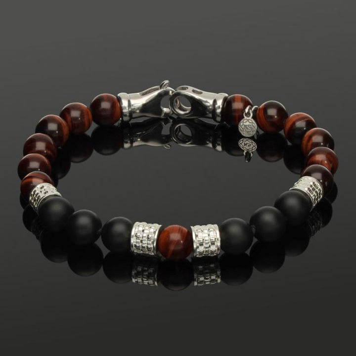 Herren Armband mit rotem Tigerauge, Onyx &amp; 925 Silber in 8 mm