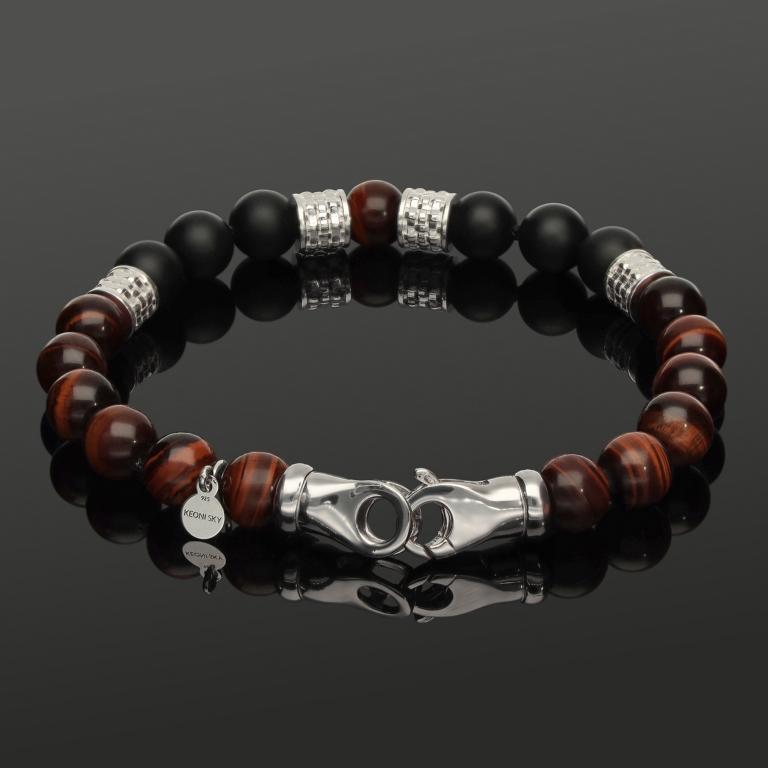 Herren Armband mit rotem Tigerauge, Onyx &amp; 925 Silber in 8 mm
