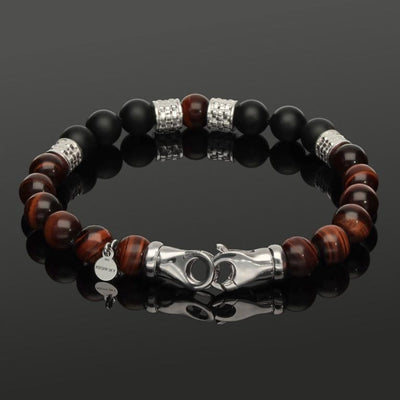 Herren Armband mit rotem Tigerauge, Onyx & 925 Silber