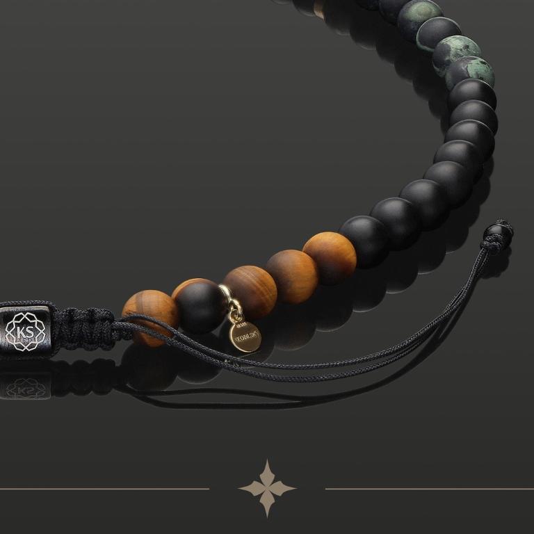 Makramee-Halskette aus 585 Gelbgold, Tigerauge, Regenwald-Jaspis &amp; Onyx in 8mm