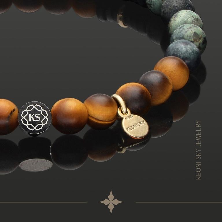 SkyFlex-Armband aus 585 Gelbgold, Tigerauge, Regenwald-Jaspis Onyx in 6mm