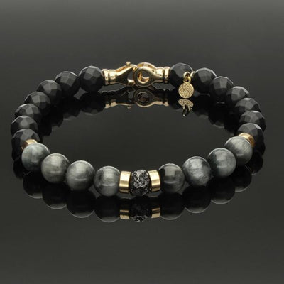 Sonderanfertigung: Edelstein Armband mit schwarzem Rohdiamant (ca. 2,42 Ct.), 585 Gelbgold, Falkenauge & Onyx in 8mm | Größe: ca. 22cm
