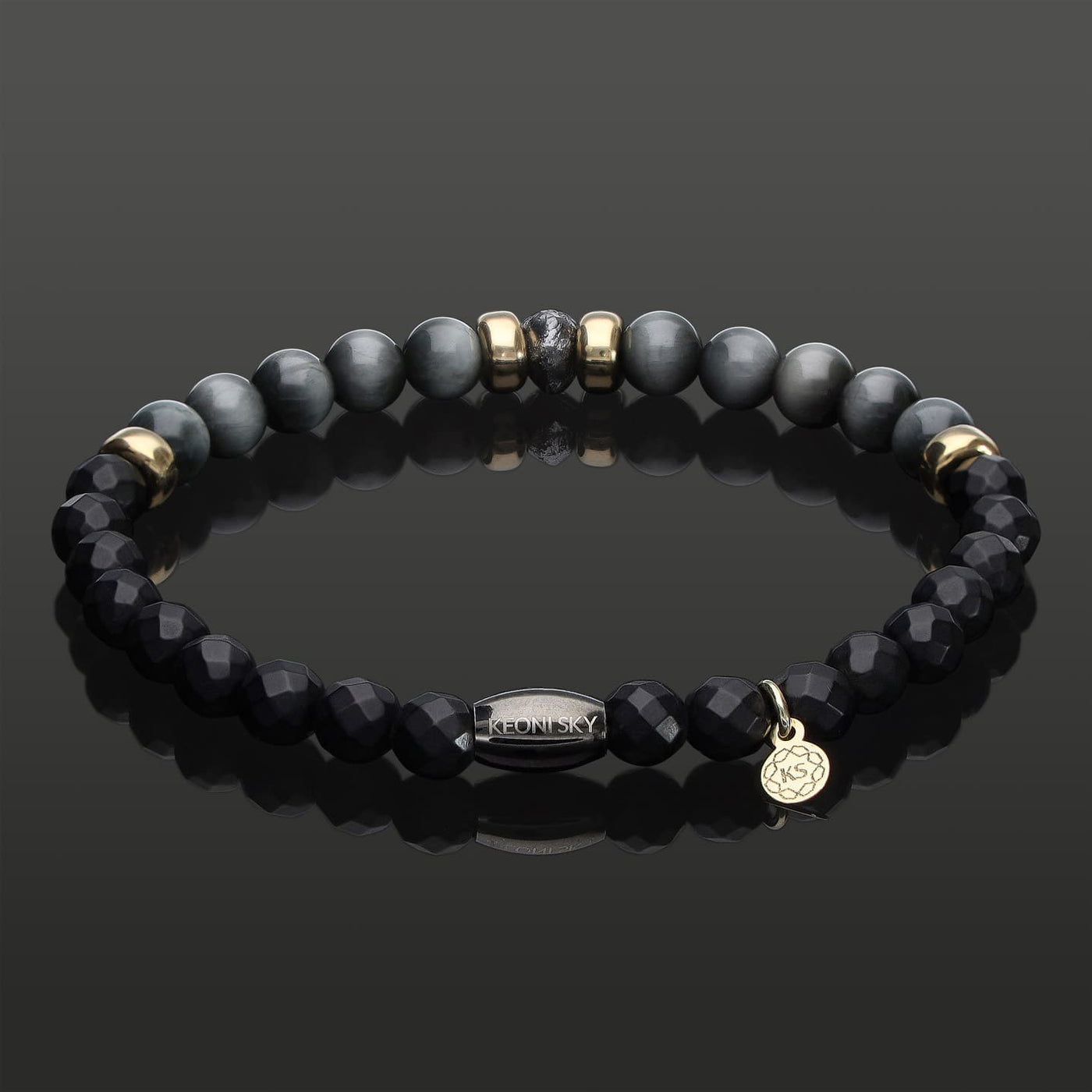 Herren SkyFlex-Armband mit schwarzem Rohdiamant, Gold, Falkenauge & Onyx in 6mm