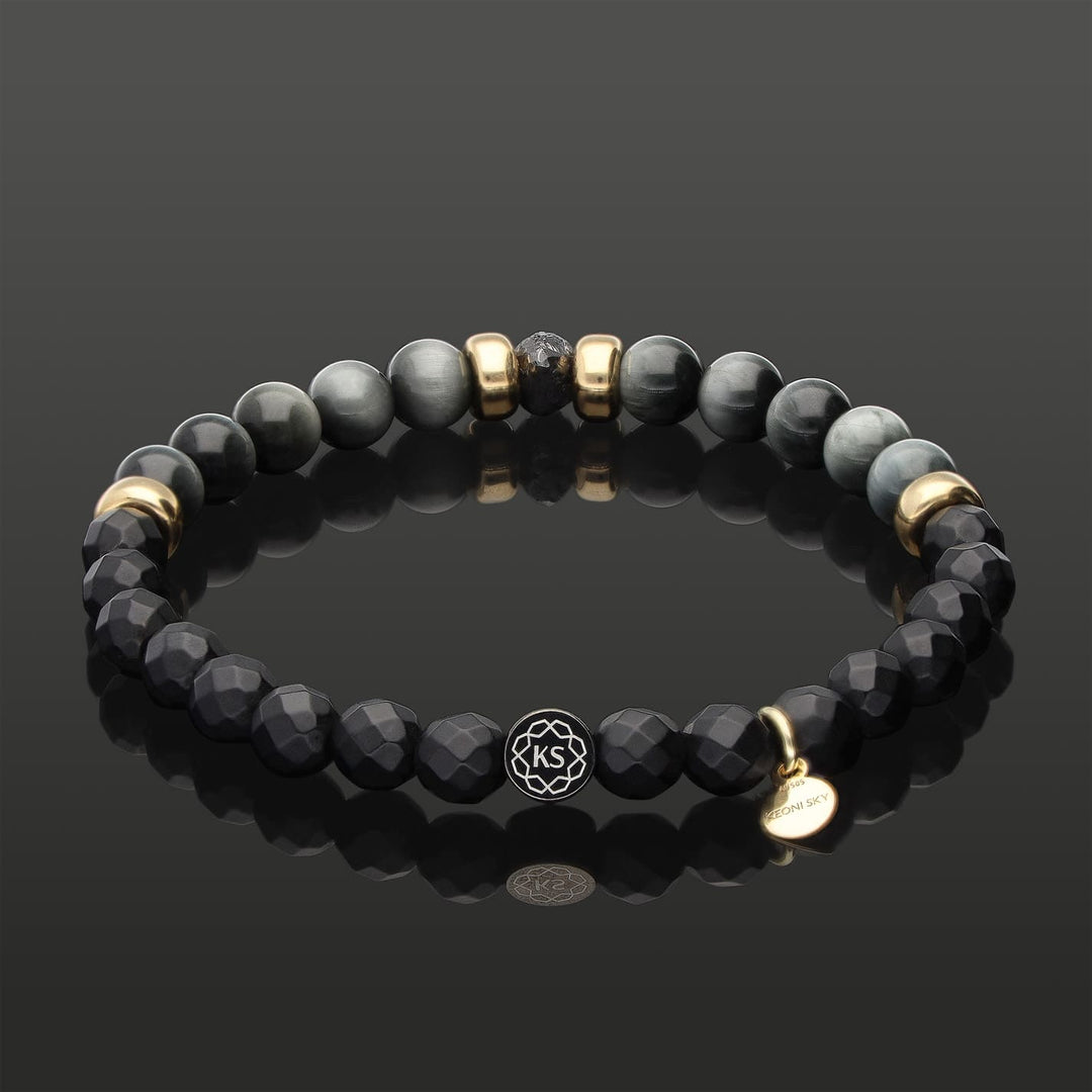SkyFlex-Armband mit schwarzem Rohdiamant, 585 Gelbgold, Falkenauge &amp; Onyx in 6mm