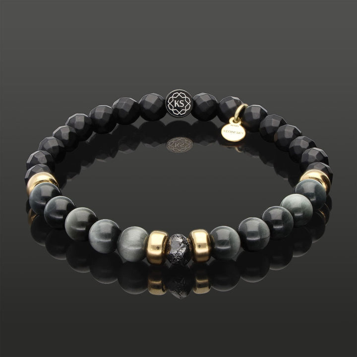 SkyFlex-Armband mit schwarzem Rohdiamant, 585 Gelbgold, Falkenauge &amp; Onyx in 6mm