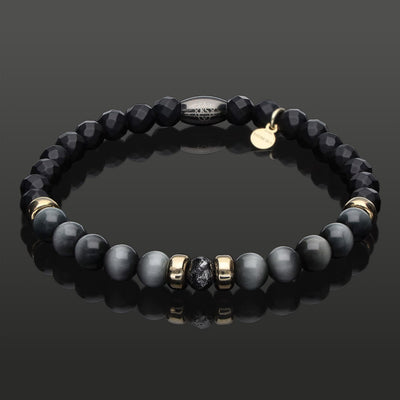 Herren SkyFlex-Armband mit schwarzem Rohdiamant, Gold, Falkenauge & Onyx in 6mm