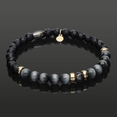 Herren SkyFlex-Armband mit schwarzem Rohdiamant, Gold, Falkenauge & Onyx in 6mm