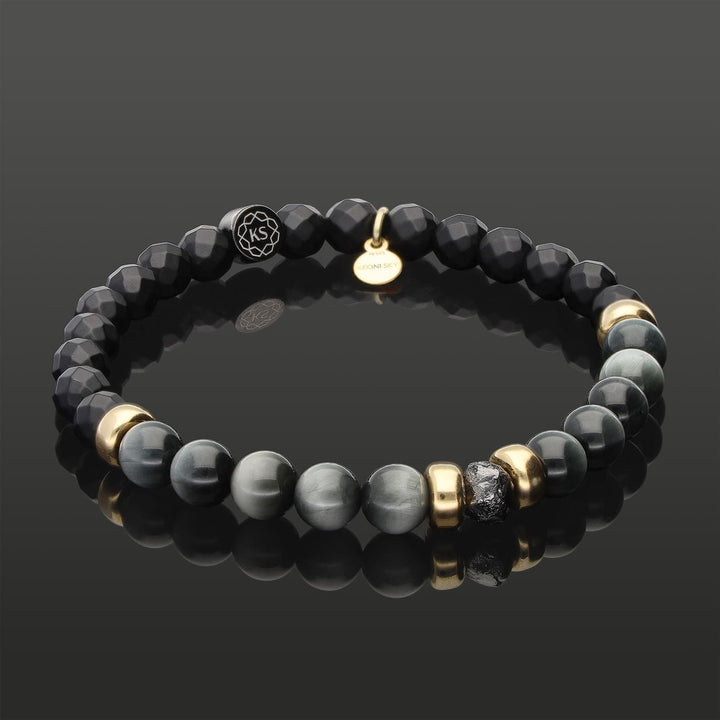 SkyFlex-Armband mit schwarzem Rohdiamant, 585 Gelbgold, Falkenauge &amp; Onyx in 6mm