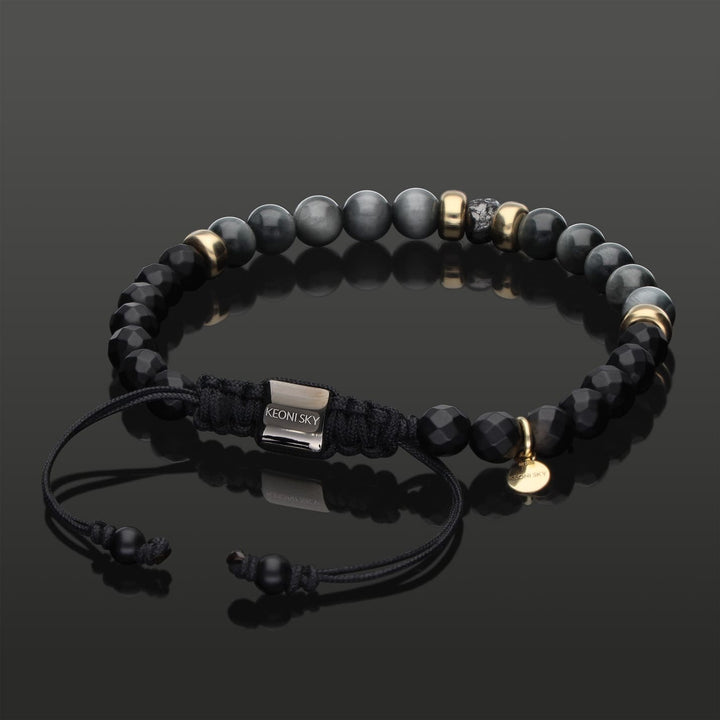 Edelstein Makramee-Armband mit schwarzem Rohdiamant, 585 Gold, Falkenauge &amp; Onyx in 6mm