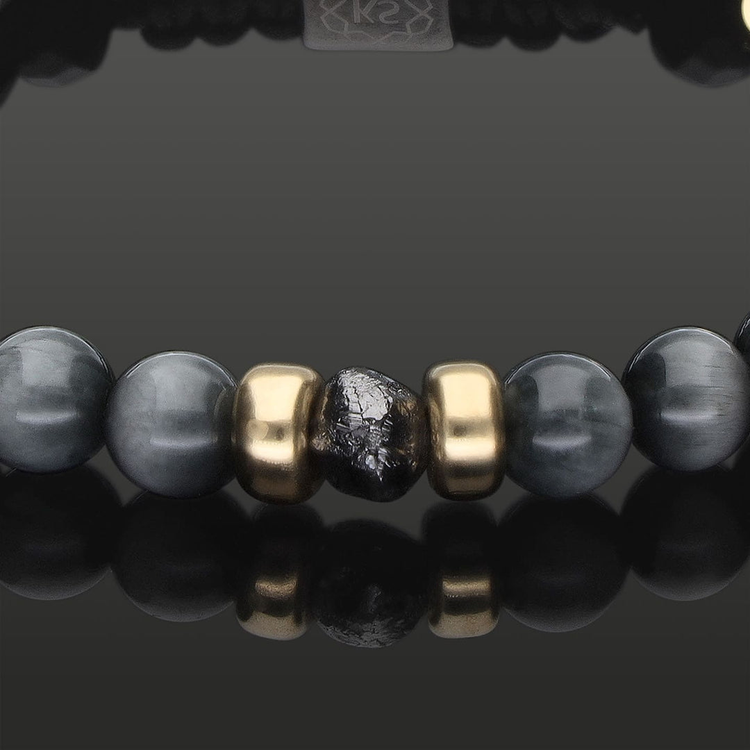 Edelstein Makramee-Armband mit schwarzem Rohdiamant, 585 Gold, Falkenauge &amp; Onyx in 6mm