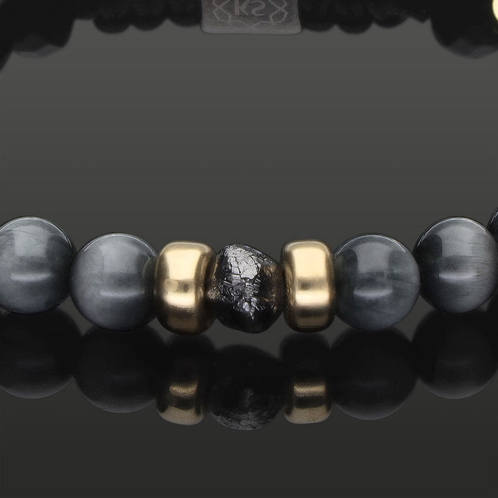 Edelstein Makramee-Armband mit schwarzem Rohdiamant, 585 Gold, Falkenauge &amp; Onyx in 6mm