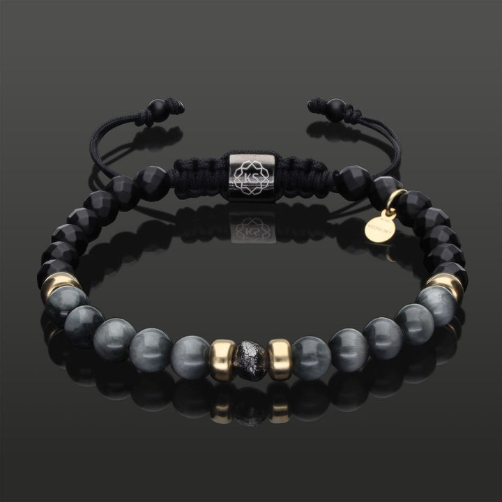 Edelstein Makramee-Armband mit schwarzem Rohdiamant, 585 Gold, Falkenauge &amp; Onyx in 6mm