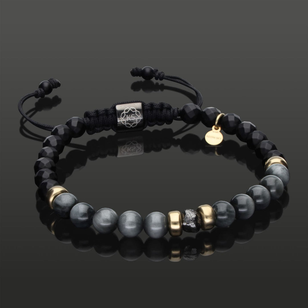 Edelstein Makramee-Armband mit schwarzem Rohdiamant, 585 Gold, Falkenauge &amp; Onyx in 6mm